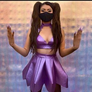 Ariana Grande VMA 2020 performance costume purple leather bustier skirt outfit